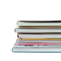 Stacked magazines on a pink surface with a Transparent background creating an aesthetic display, stack magazines on a pink surface, png