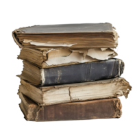 Collection of old, worn books stacked on a Transparent background showcasing their vintage charm and history, stack old books with a few pages torn off, background png