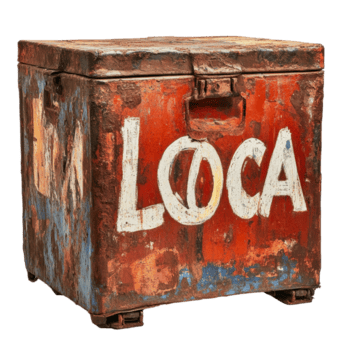 rostig behållare med loca målad på den visas i ett konstnärlig miljö, rostig behållare med de ord loca målad på Det, transparent bakgrund png