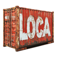 Rusty cargo container featuring the word loca in bold white letters against a weathered red background, rusty container with the word loca painted on it, Transparent background png
