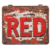 Rusty red sign with the word red on a Transparent background displayed in an urban setting, rusty red sign with the word red on it, background png