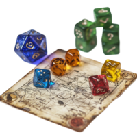 Colorful RPG dice arranged on a detailed game map with a Transparent background showcasing various shapes and colors, RPG board game, background png