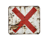Old battered sign with worn red cross symbol highlights forgotten area near rural road, X-Marked Object Interest An Old Battered Sign with a Red X on the Left, Transparent background png