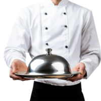 Waiter presents stainless steel cloche on tray to showcase gourmet meal in elegant dining environment, Waiter with Stainless Steel Cloche isolated on Transparent background, background png