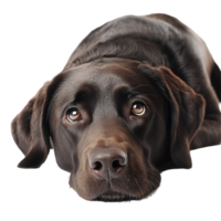 Sad Labrador retriever with soulful eyes resting on a Transparent background looking for attention, Sad Labrador retriever on background png