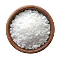 Top view of coarse salt in a wooden bowl on a Transparent background perfect for culinary use, Salt in a bowl top view png