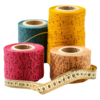 Spools of colorful thread with a measuring tape on a Transparent background showcasing sewing essentials, Spools Thread and Tape Measure, background png