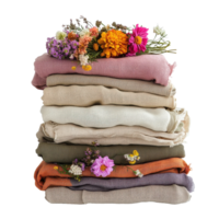 Stacked folded cloths adorned with colorful flowers creating a cozy and vibrant display, stack folded folded cloths with flowers on them, Transparent background png