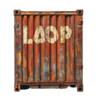 Rusty shipping container with weathered load markings stands out against a plain background, rusty container with the word load written on it, Transparent background png