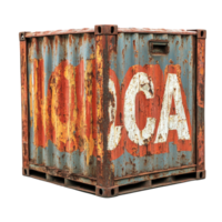 Rusty shipping container with faded lettering located in an urban setting, rusty container with the word loca painted on it, Transparent background png