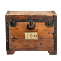 Wooden trunk with a lock and a sign reading foot, showcasing rustic craftsmanship and historical design, wooden trunk with a lock and a sign that says foot, Transparent background png