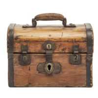 Rustic wooden chest with metal latch and numbered locks displayed on a plain background, wooden chest with a metal latch and a number on the front, Transparent background png