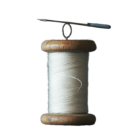 Spool of white thread with a needle poised above in a crafting workspace setting, Spool Thread and Needle png