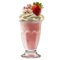Delicious strawberry milk shake topped with whipped cream and fresh strawberries on a Transparent background, strawberry milk shake, png