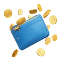 Blue wallet with golden coins floating above on a Transparent background, background a blue wallet with flying golden coins on a transparent background png