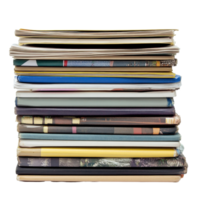 Collection of stacked magazines resting on a Transparent background capturing various colorful covers and textures, Stack magazines on background png