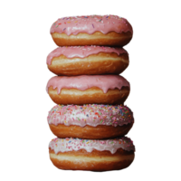Stack of freshly baked donuts with pink icing and sprinkles arranged on a neutral background, Stack Donuts png