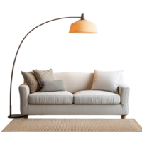Cozy living room setup featuring a light sofa with decorative pillows, a stylish floor lamp, and a rug, sofa with pillow rug and floor lamp isolated on Transparent background, background png