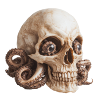 Intricate skull with tentacles and eyes set against a bright Transparent background, skull with tentacles and eyes on a white surface, background png