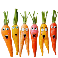 Colorful carrots with painted faces on a Transparent background showcasing fun characters and expressions, row painted carrots with faces and eyes, png