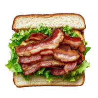Delicious bacon sandwich on fresh lettuce in a simple Transparent background, sandwich with bacon top view isolated on White background png