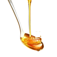 Spoon pours golden honey, capturing the sweet liquid's texture and flow in a delicate moment, spoon with honey on it and a liquid pouring from it, Transparent background png