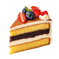 Delicious sponge cake slice topped with fresh fruit and cream on a Transparent background, sponge cake food isolated on background png