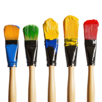 Vibrant paint brushes are aligned on a clean white surface, showcasing an array of colors, row paint brushes with different colors paint, Transparent background png
