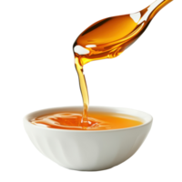 Liquid pouring from a spoon into a white bowl creates a mesmerizing effect, spoon with liquid pouring out it in a bowl, Transparent background png