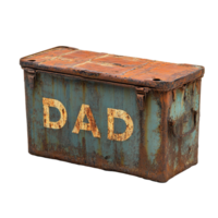Rusty container labeled dad resting on a surface with an aged appearance, rusty container with the word dad written on it, Transparent background png