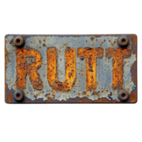 Rusty sign with 'rust cast' lettering on a Transparent background in an urban environment displaying weathered charm, rusty sign that says rust cast on a png