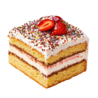 Freshly baked sponge cake with cream and strawberries on a Transparent background, sponge cake food isolated on background png