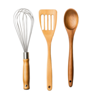 Spatula, wooden spoon, and wire whisk isolated for kitchen cooking essentials, Spatula with Wooden Spoon and Wire Whisk isolated on Transparent background png