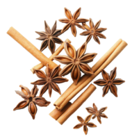 Star anise and cinnamon sticks create a warm and aromatic spice arrangement on a Transparent background, Star Anise And Cinnamon Sticks isolated on background png