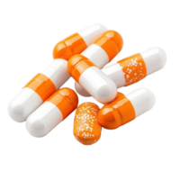 Colorful white and orange capsule pills scattered on a smooth surface with a clean background, white and orange capsule pills on isolatedisolated on Transparent background png