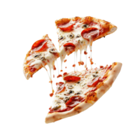 Slice of pepperoni pizza tossed in the air against a clean Transparent background, slice pizza being tossed into the air, png