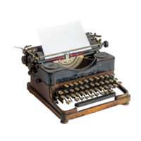 Vintage typewriter with blank paper ready for creative writing in a cozy workspace, Vintage Typewriter With Paper, Classic Writing Tool for Creating Printed Documents, Transparent background png