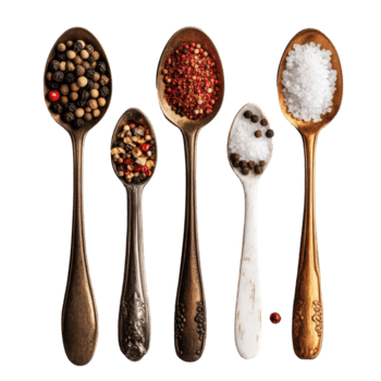 collezione di assortito sali e peperoni visualizzato nel Vintage ▾ cucchiai su un' neutro sfondo, cucchiai con diverso Pepe e sale isolato su bianca, superiore Visualizza con trasparente sfondo, png