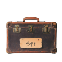 Rusty suitcase with a spare white bag sign adds vintage charm to any setting, rusty suitcase with a sign that says spare, Transparent background png