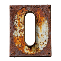 Rusty number sign with weathered surface against Transparent background, rusty number sign with a rusted surface, background png