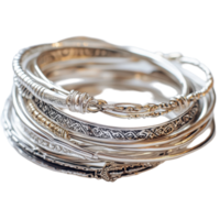 Stack of elegant silver bracelets arranged neatly on a Transparent background, Stack Silver Bracelets, background png