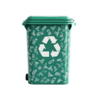 Square green trash can with white recycle symbol pattern for eco-friendly disposal, square green trash can white recycle symbol pattern isolated on Transparent background png