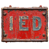 Rusty red sign with the word IED displayed prominently against a peeling background, rusty red sign with the word i red on it, Transparent background png