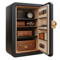 Safe box filled with various items including a clock and decorative boxes on a Transparent background, safe box with a bunch items inside, background png