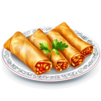 Delicious spring rolls served on a decorative plate against a Transparent background, Spring rolls food in a plateisolated on background png