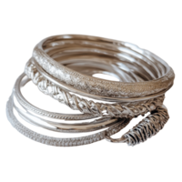 Elegant stack of silver bracelets displayed on a Transparent background showcasing intricate designs, Stack Silver Bracelets, background png