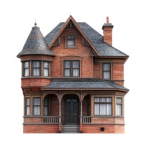 Victorian house with ornate details showcasing red brick and a distinctive turret, Vintage D Rendering a Red Brick Victorian House with Wooden Shingles and Windows, Transparent background png