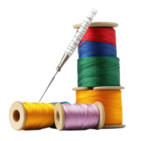 Colorful spools of thread stacked with a needle on a Transparent background ready for sewing projects, Spools Thread and Needle, background png