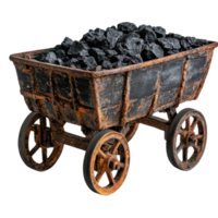 Rusty coal cart filled with coal on wheels against a Transparent background, rusty coal cart with coal on wheels, background png