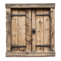 Wooden window with metal knock on a rustic building in a serene outdoor setting, wooden window with a metal knock knock on it, Transparent background png